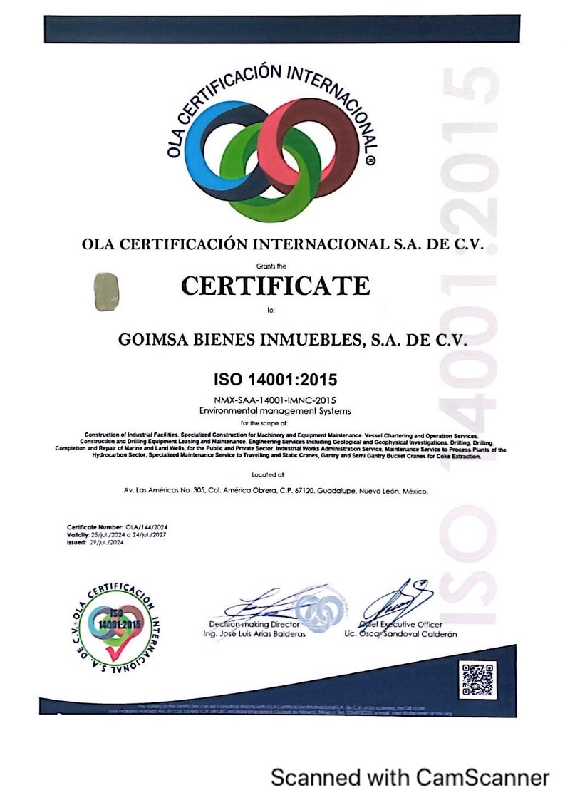 Certificate ISO 14001:2015 GOIMSA English