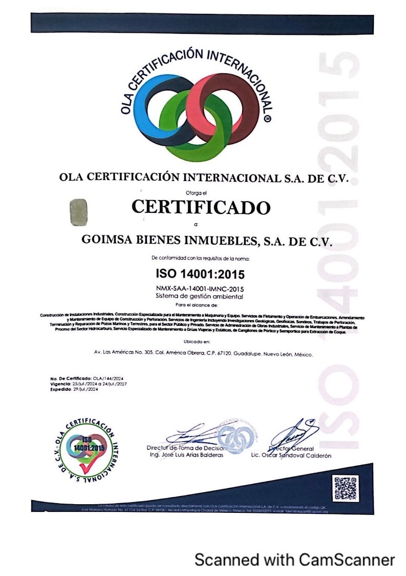 Certificado ISO 14001:2015 GOIMSA Español