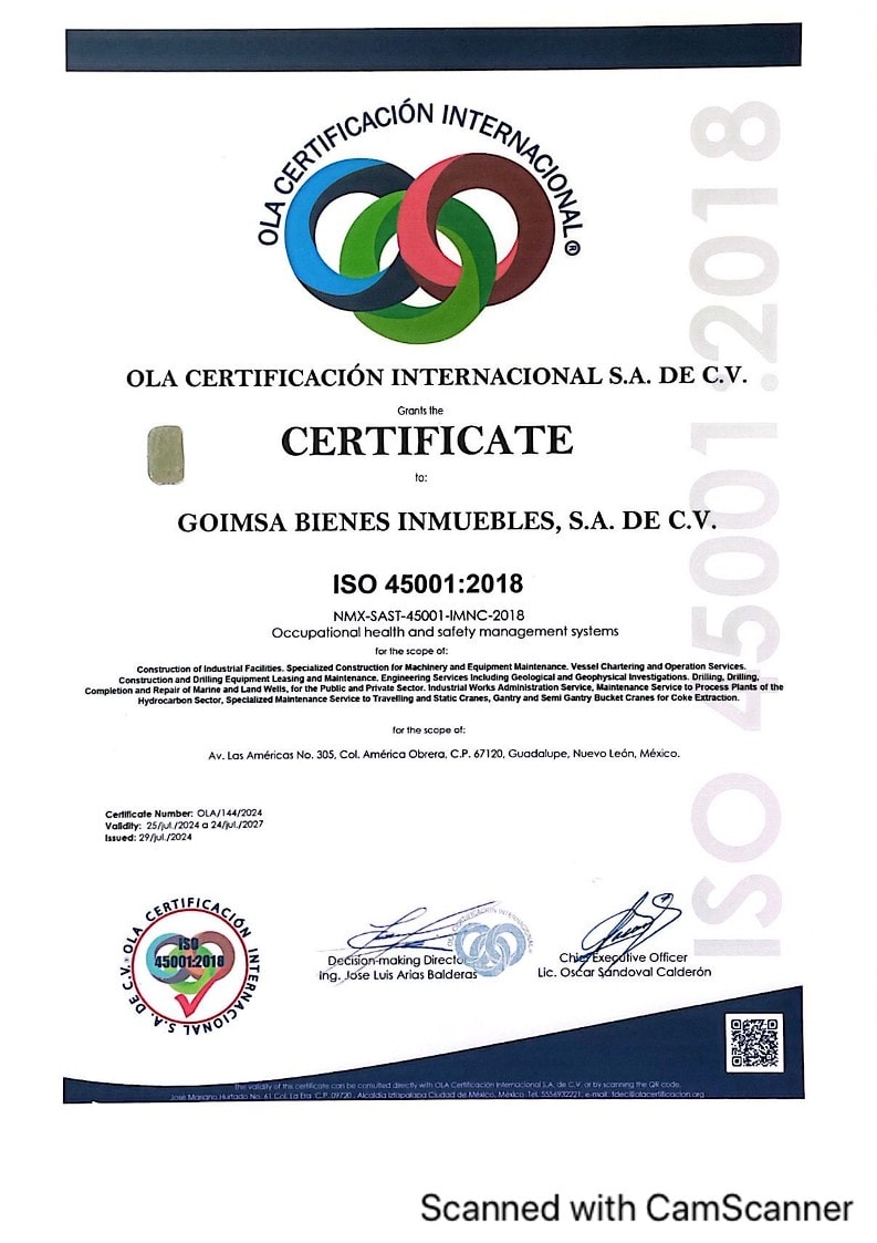 Certificate ISO 45001:2018 GOIMSA English