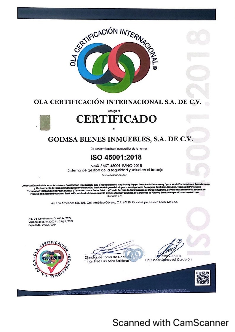 Certificado ISO 45001:2018 GOIMSA Español
