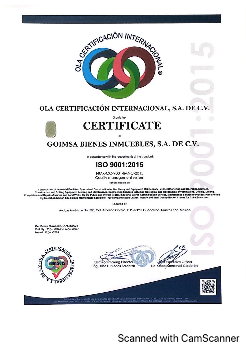 Certificate ISO 9001:2015 GOIMSA English