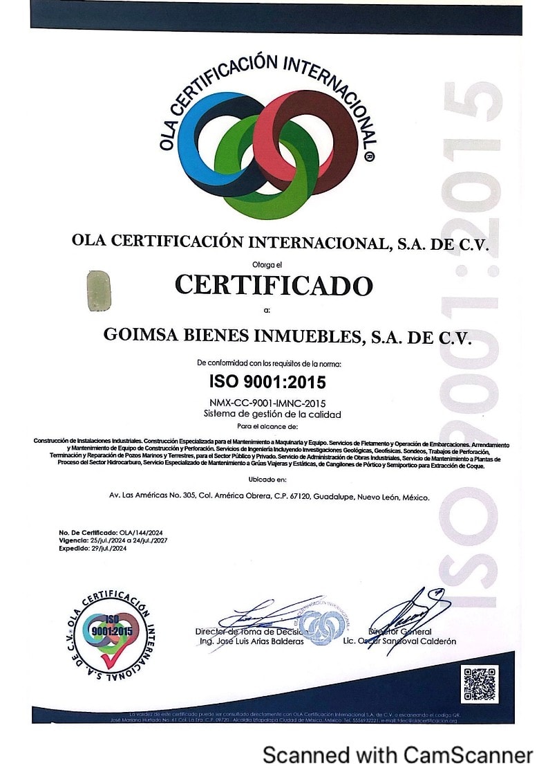 Certificado ISO 9001:2015 GOIMSA Español